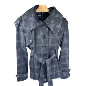 MM Essentials Women's Plaid Trench Coat Black Size M Long Sleeve